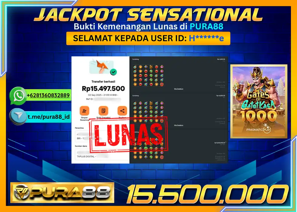 PURA88 JACKPOT SENSATIONAL GATES OF GATOTKACA 1000 Rp 15.500.000,- LUNAS