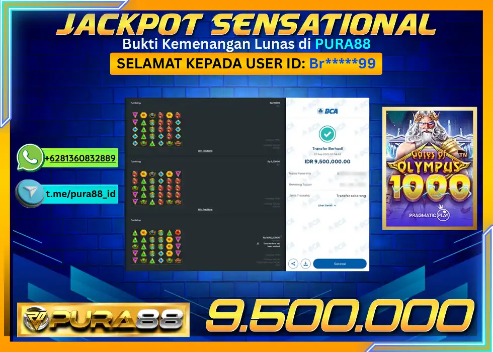 PURA88 JACKPOT SENSATIONAL GATES OF OLYMPUS 1000 Rp 9.500.000,- LUNAS